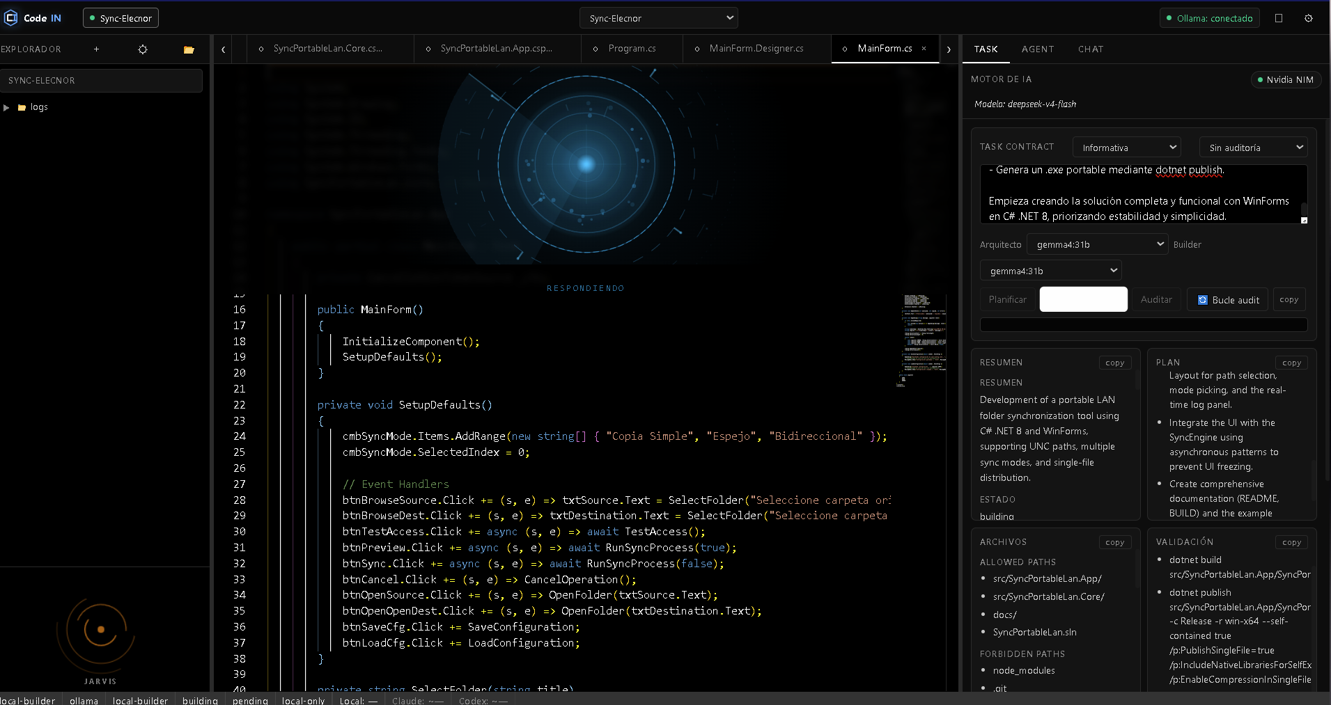 Interfaz de CODEIN: editor de código con pestañas, panel Task Studio con contrato de tarea y modelo seleccionado, y resumen de archivos permitidos