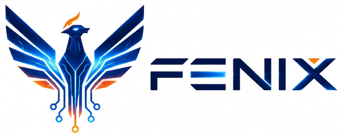 Logotipo de FENIX: ave estilizada con trazado de circuito en azul y detalles naranjas, junto al nombre del producto